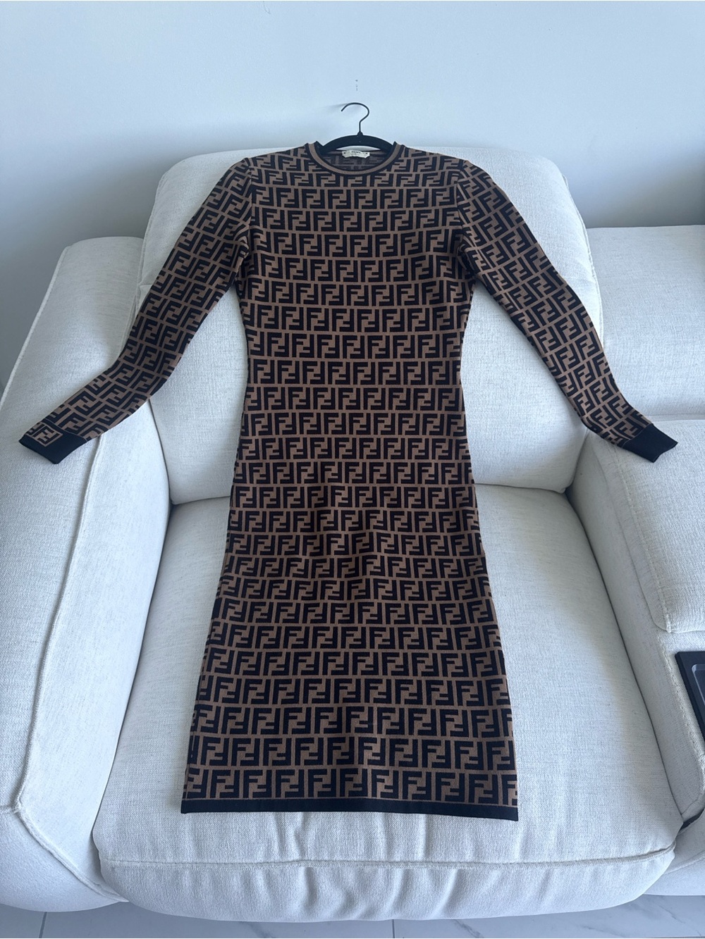 Fendi Black & Brown FF Logo Long-Sleeve Knit Dress